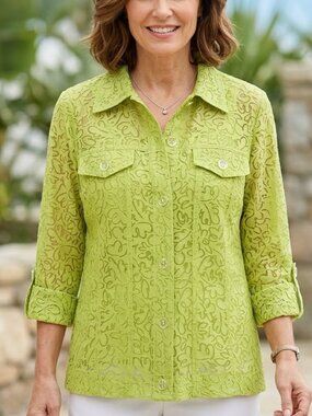 Kerry Brooke Women' Green Sheer Blouse Lightweight button Down Shirt Petite M